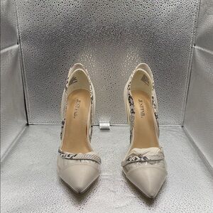Prizilla Cream and Gray Snakeskin Heels